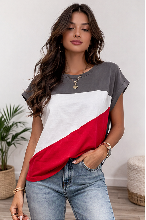 Womens Colorblock Short Sleeve Tee – Gray / White / Red