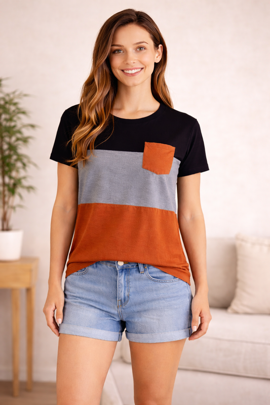 Womens Colorblock Pocket Tee – Black / Grey / Rust