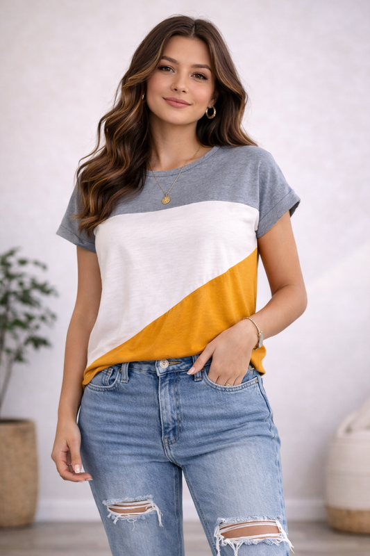 Womens Colorblock Short Sleeve Tee  White / Mustard