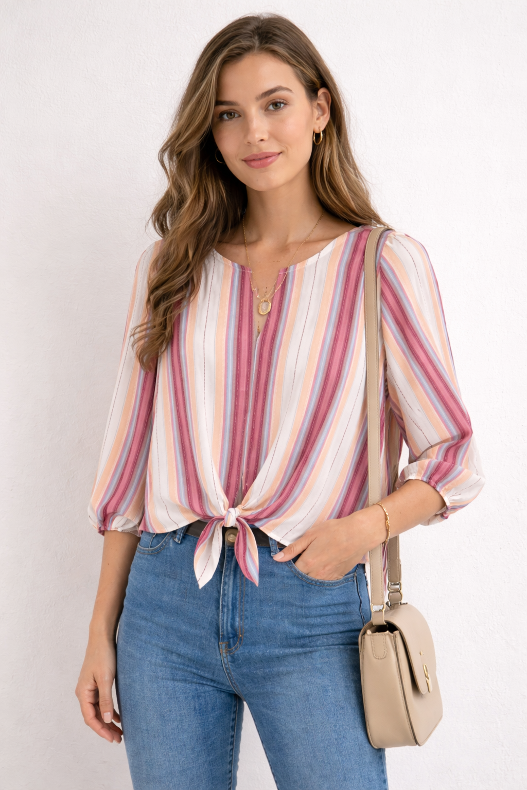 Pink Rose Striped Tie-Front Blouse