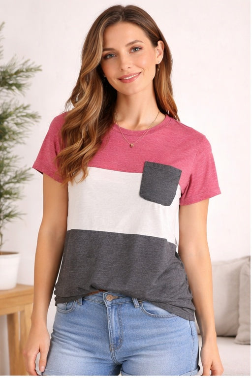 Womens Colorblock Pocket Tee – Rose / Ivory / Charcoal